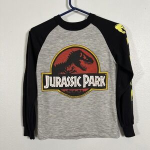 Jurassic Park Kids Long‎ Sleeve Raglan Shirt Gray Black Dinosaur Graphic Size 14